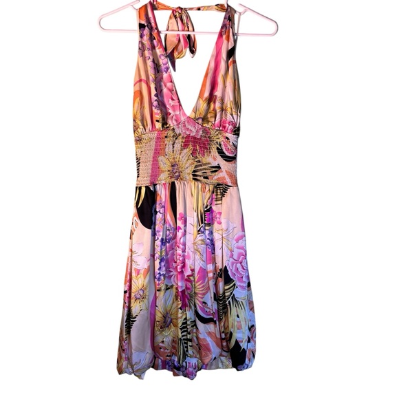 Vintage‎ Cache Pink Smocked Plunge Halter Dress Silk Size 4 - Picture 1 of 8